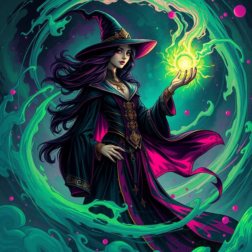beautiful dieselpunk witch Casting a magic spell, dynamic lighting volumetric lighting Splash art art deco Dan Mumford T...