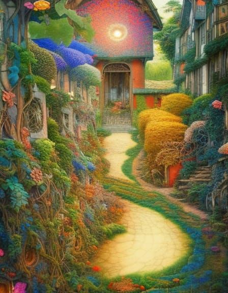 quaint cottages nestled along rolling green fields, colorful...