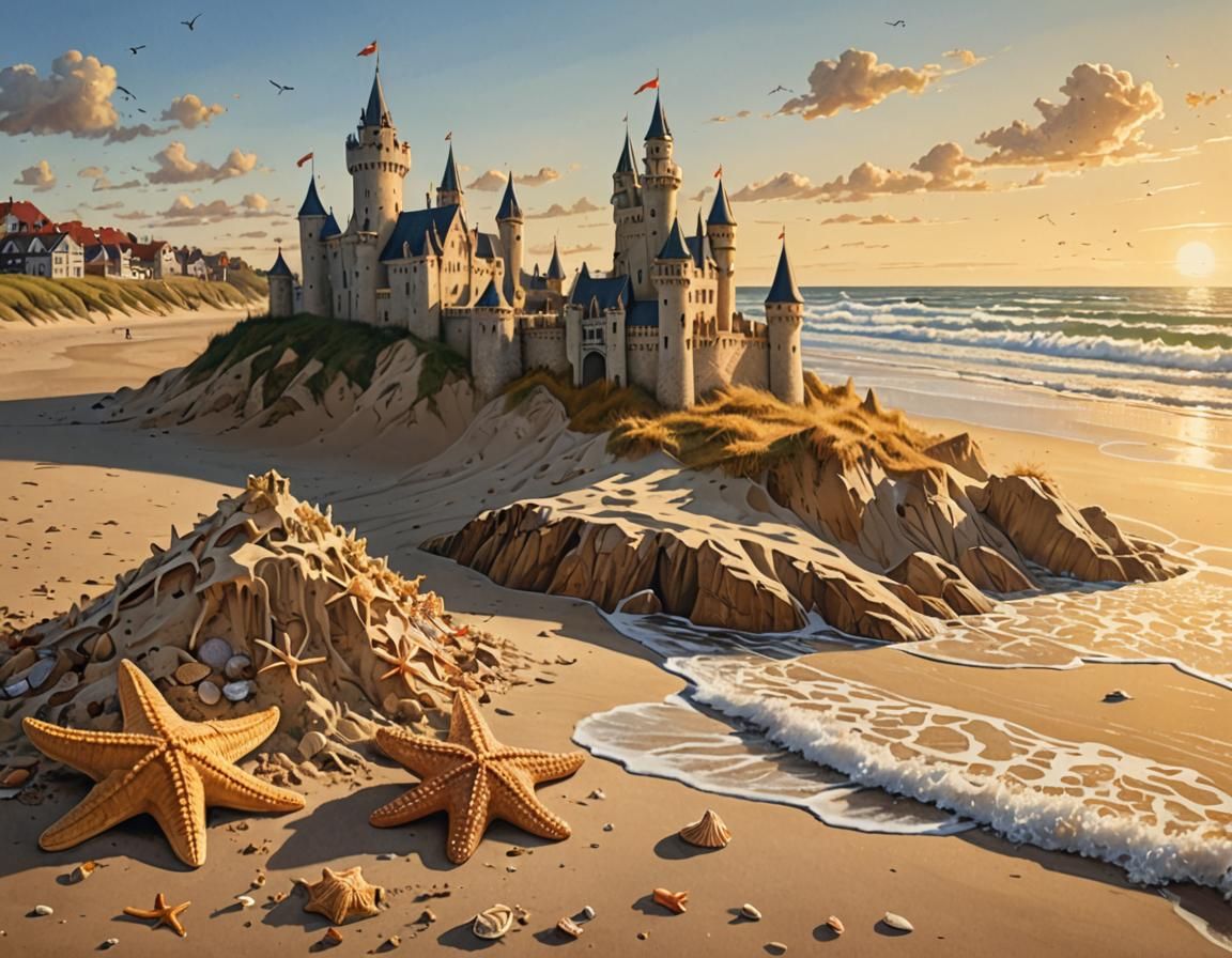 the surf on the shore laps a partially crumbled sand castle....
