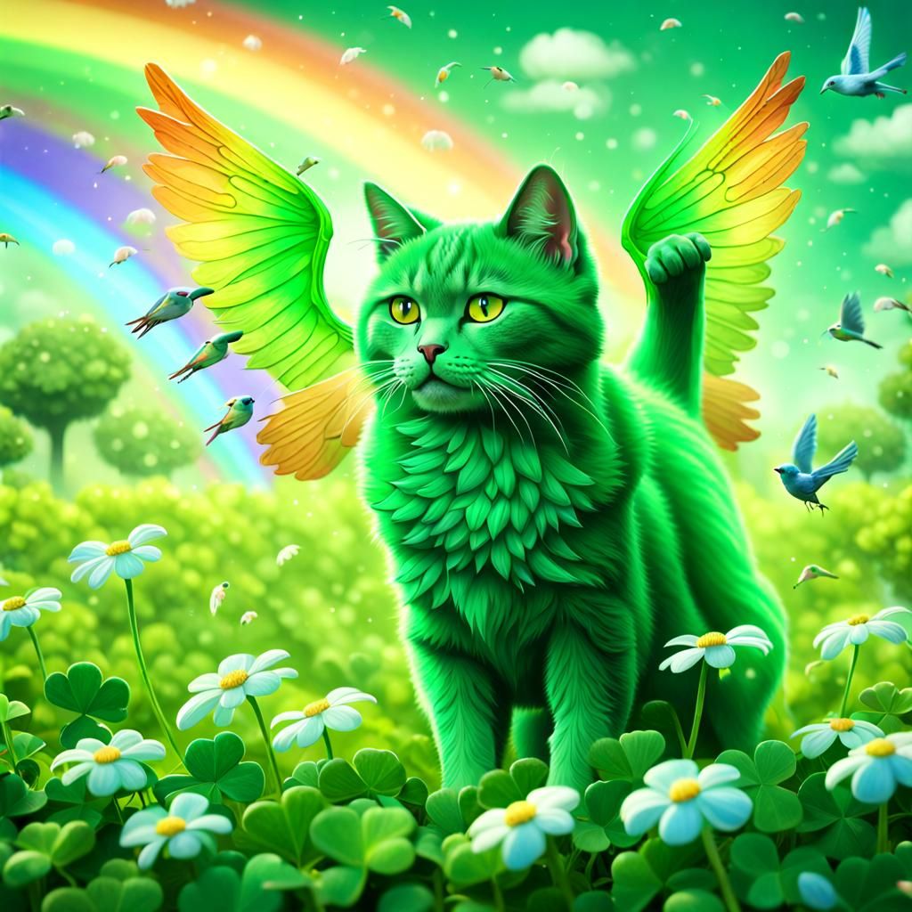 A green cat with bird wings frolicking in a field of shamroc...
