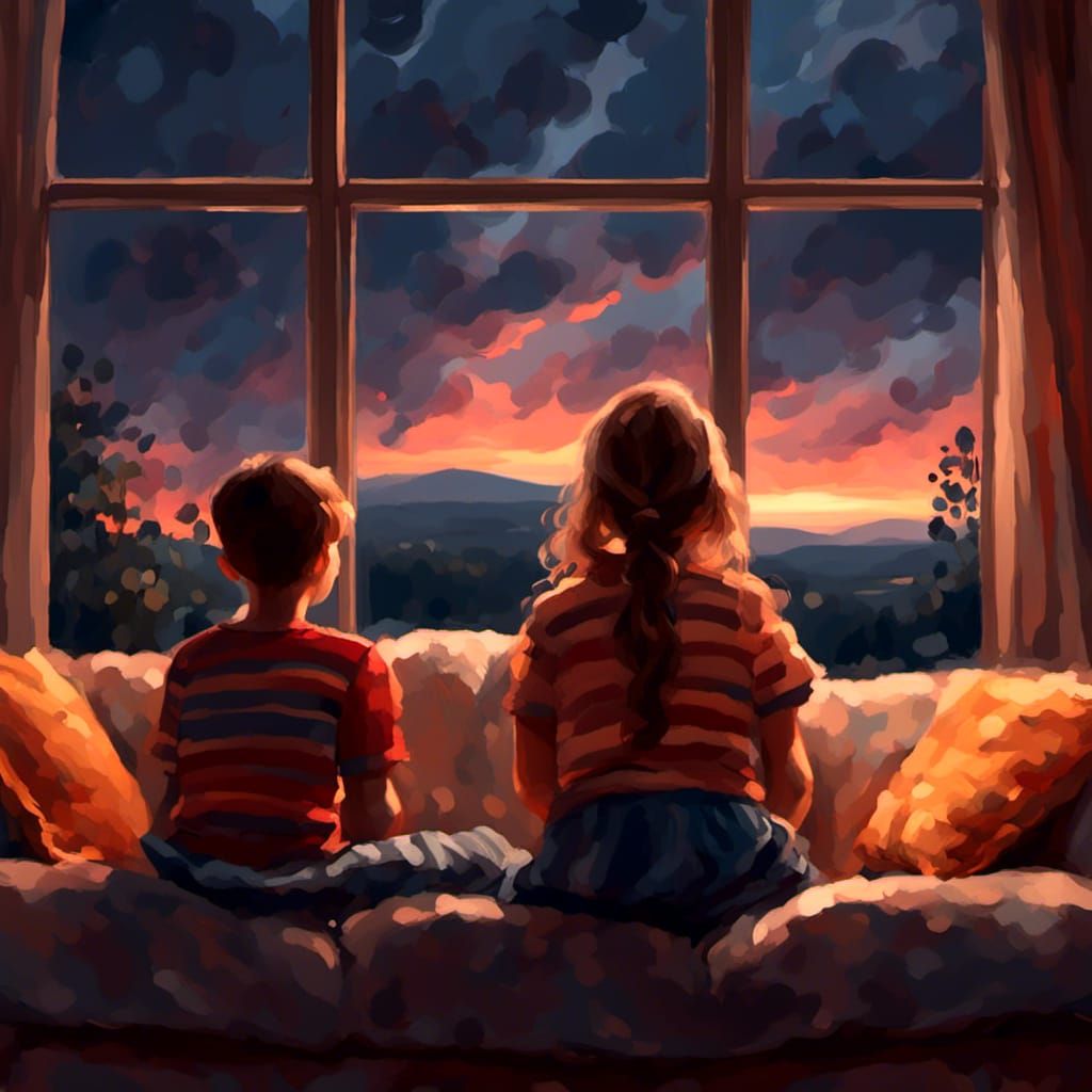 <lora:for scene:1.0> brother and sister on couch watching te...