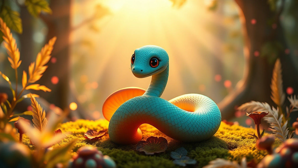 cute mint color serpent in enchanted forest Pixar, Disney, concept art, 3d digital art, Maya 3D, ZBrush ...  by @Polkovnik Shizo