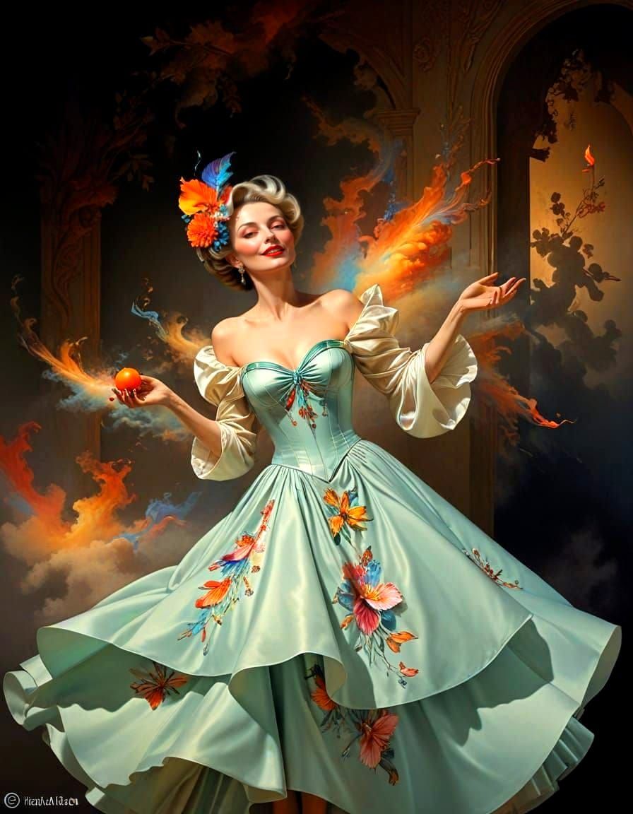 Surreal Portrait of a Whimsical Woman in a Fantastical Scene