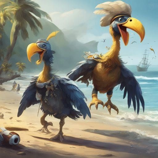 Funny Pirates Dodo run and flying on beach - AI Generated Artwork ...