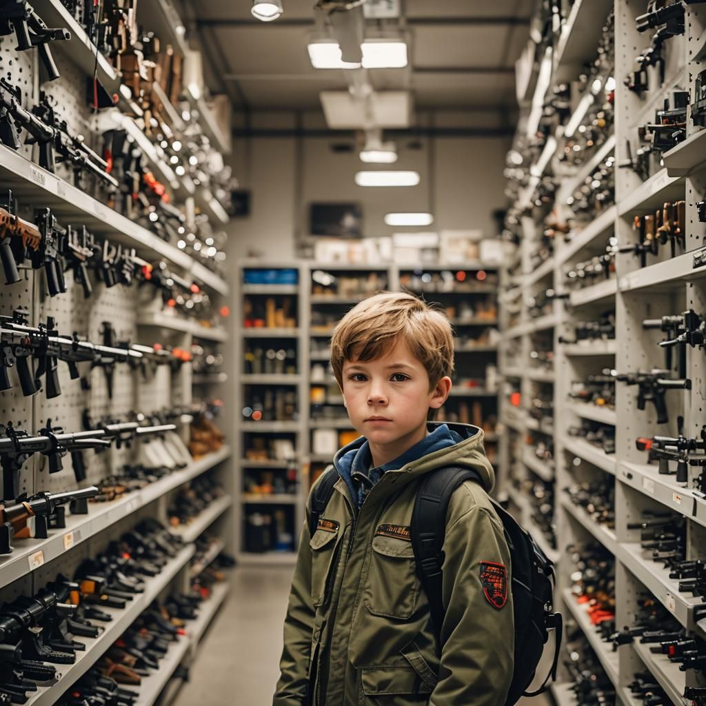 Little boy, in a weapon room