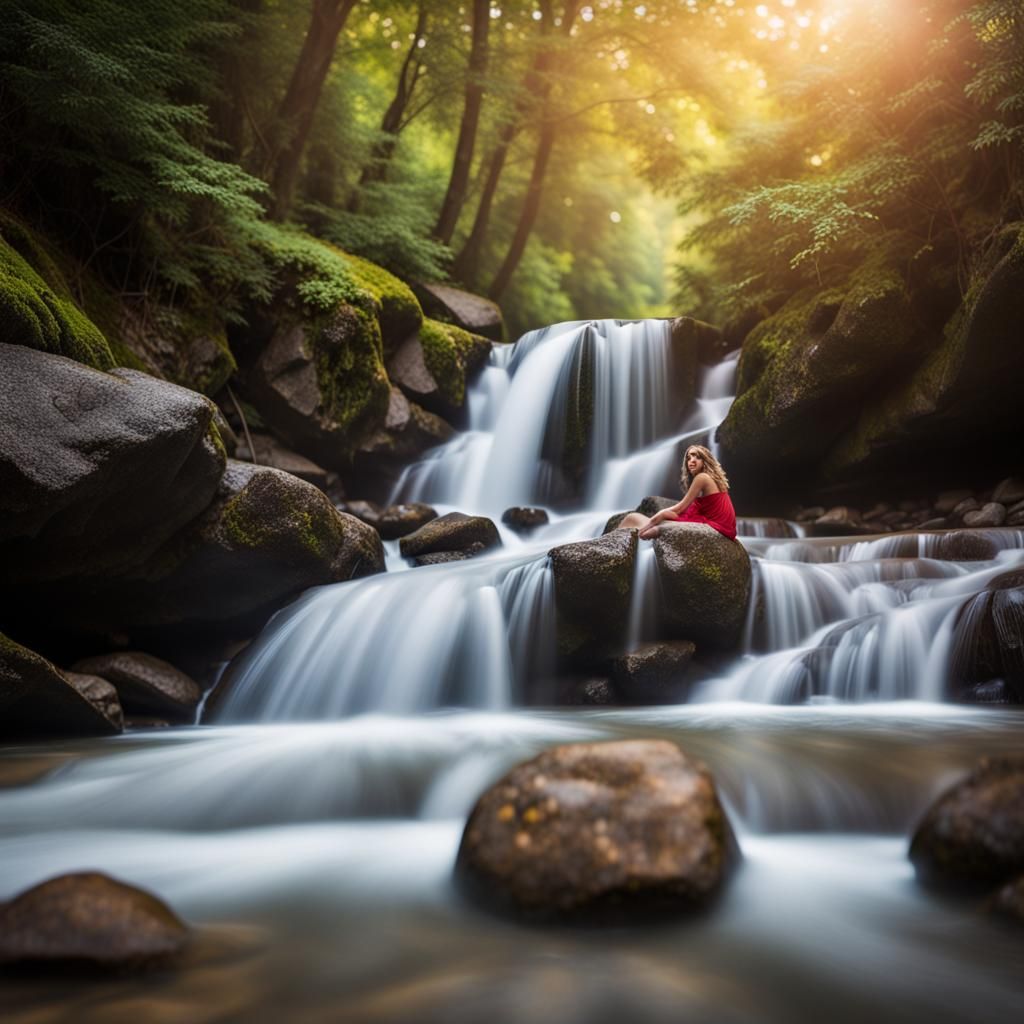 pose longue d'une cascade en pleine montagne