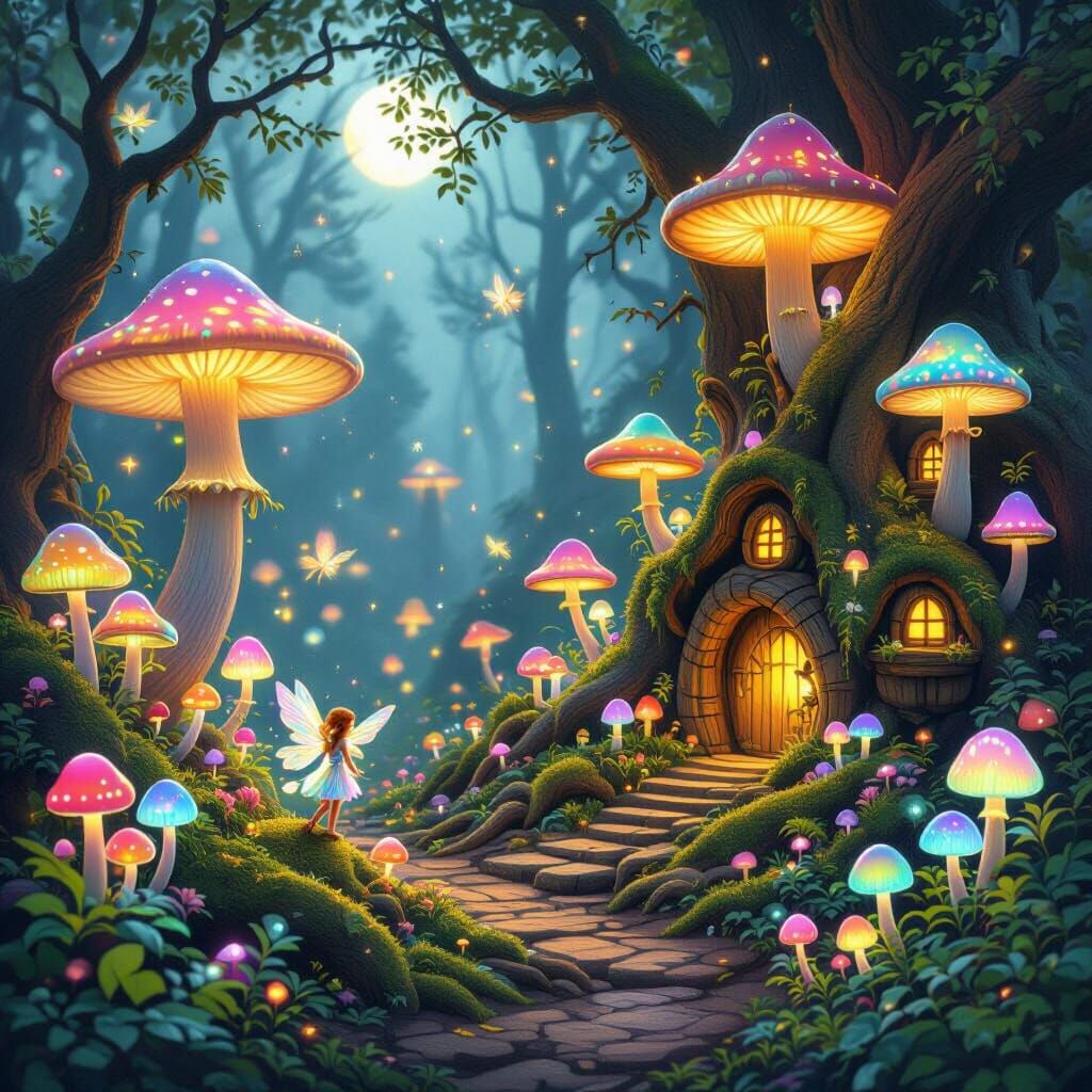 Magical forest scene with colorful mushrooms, flying fairies and fairy houses