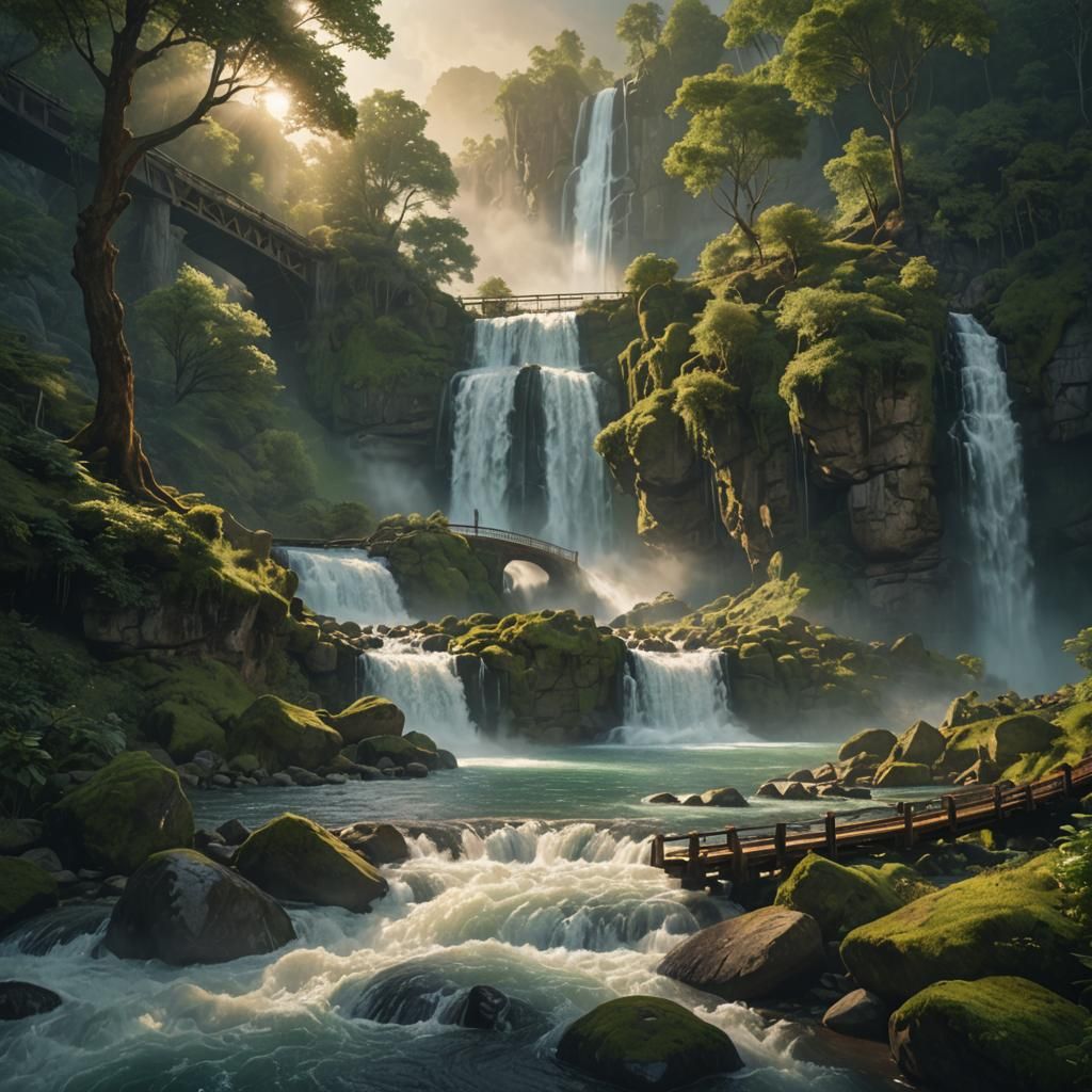 Train Over River at Sunrise: Fantasy Matte Painting