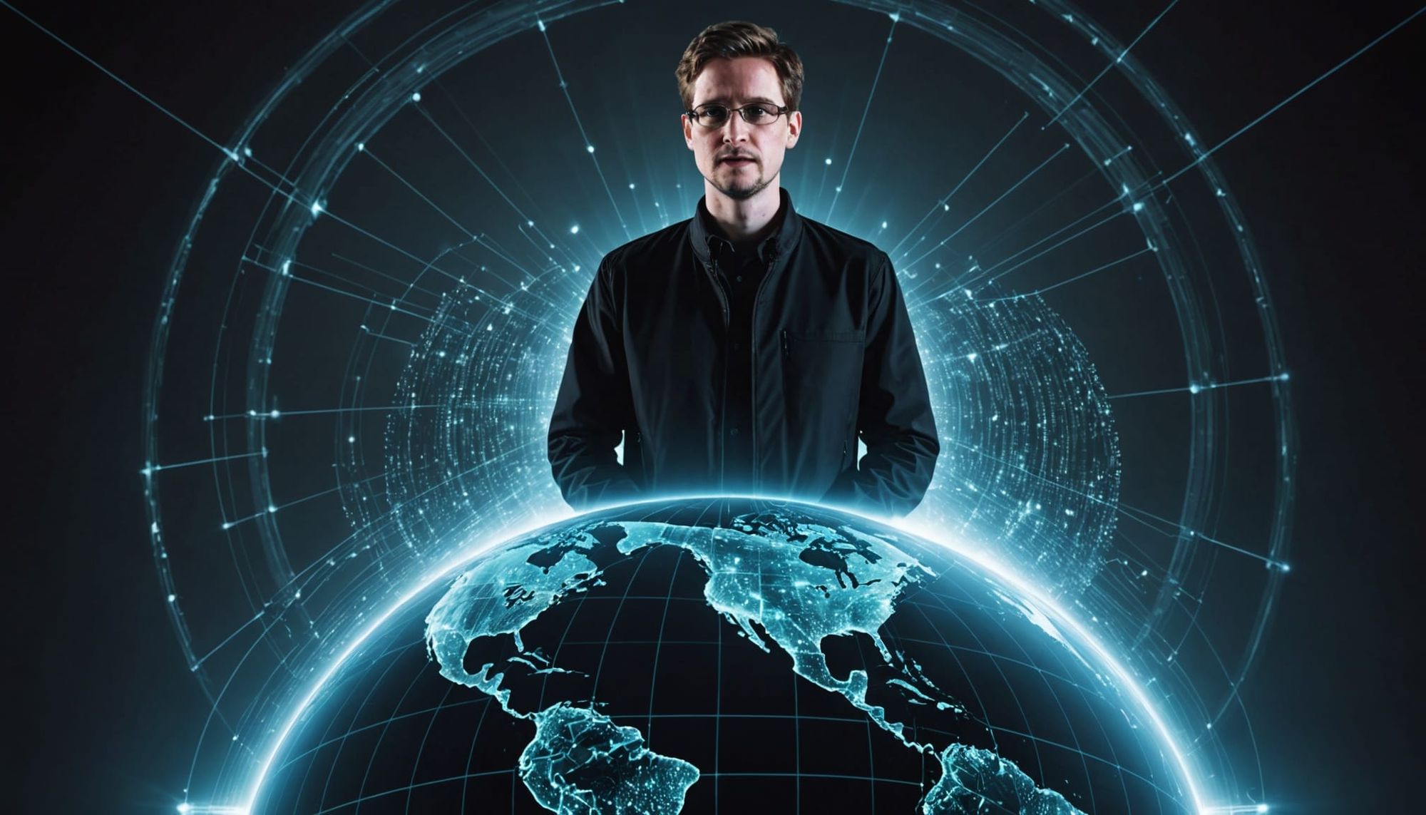 Edward Snowden standing atop a glowing digital globe, streams of light representing data flowing around him, symbolizing transparency, coura...