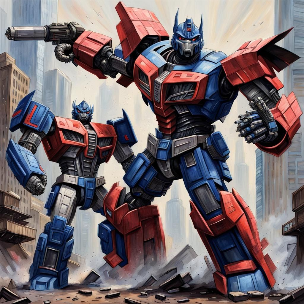 Godzilla fighting Optimus Prime.