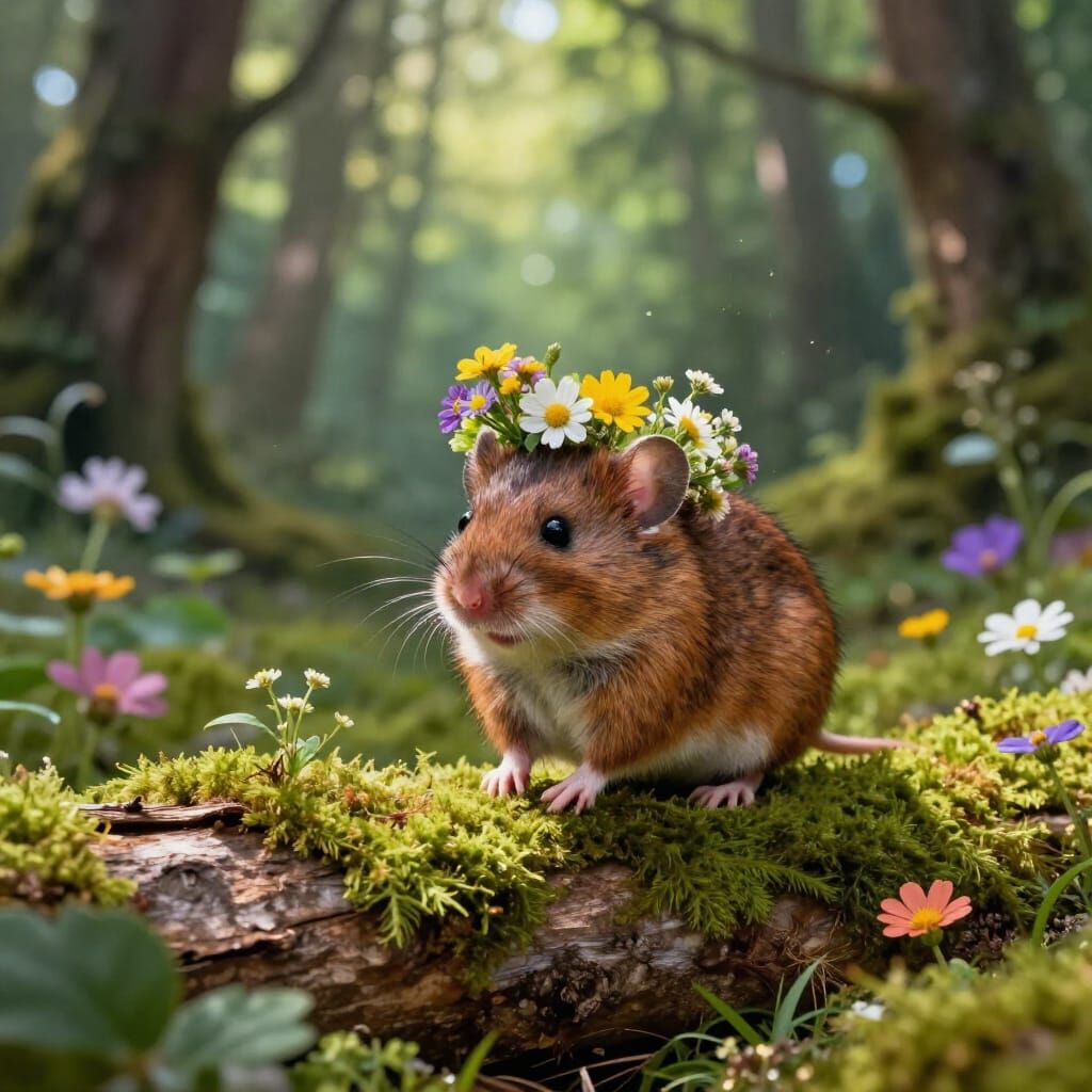 Tiny Mouse King in Enchanted Forest Clearing