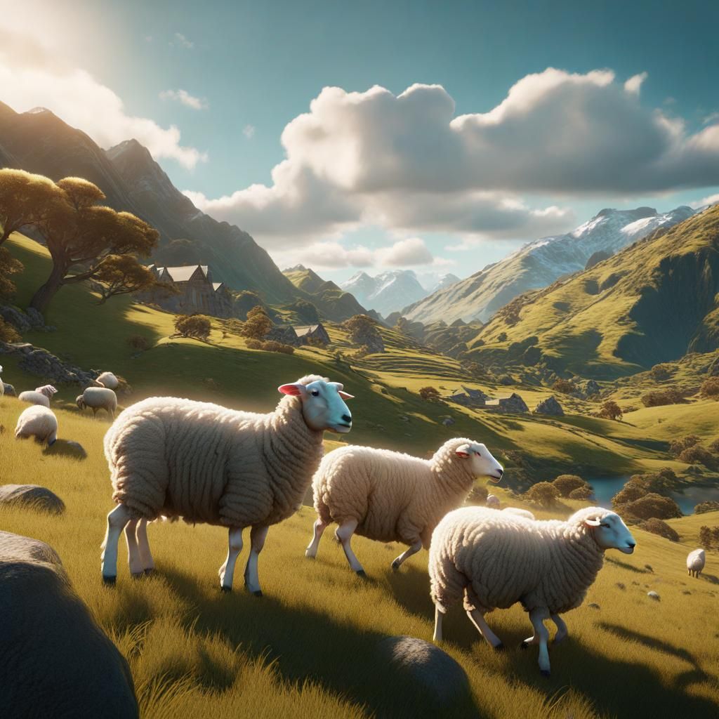 the sunny hills of nz with sheep