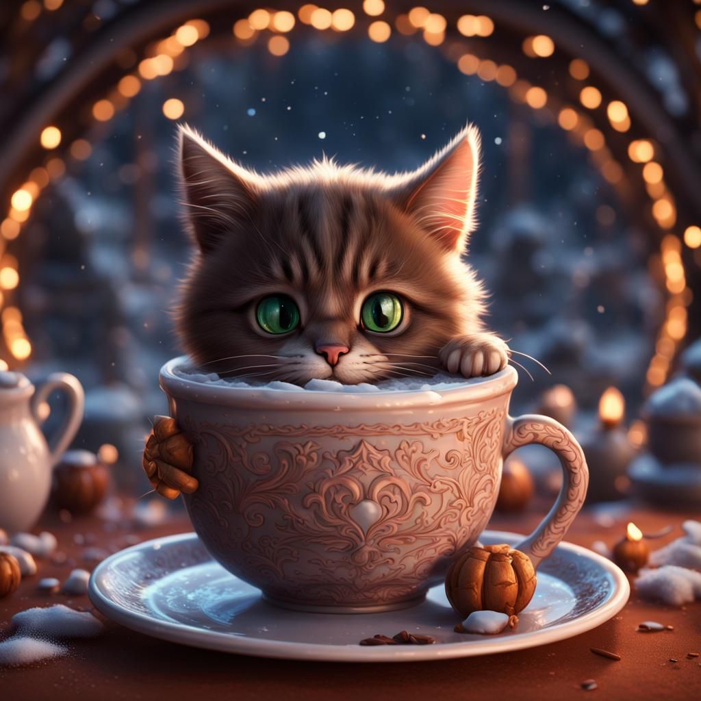 Kitty lapping up hot cocoa - AI Generated Artwork - NightCafe Creator