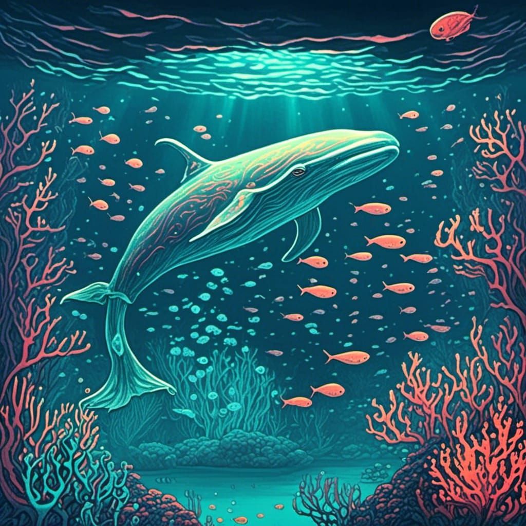 <lora:Woodcut Whimsy:1.0> Underwater view of a huge fantasti...