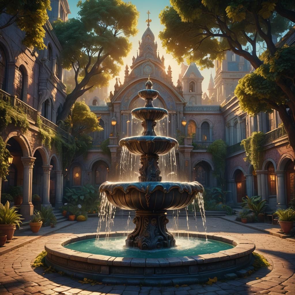Fountain of youth on a court yard  a nd the first light of d...