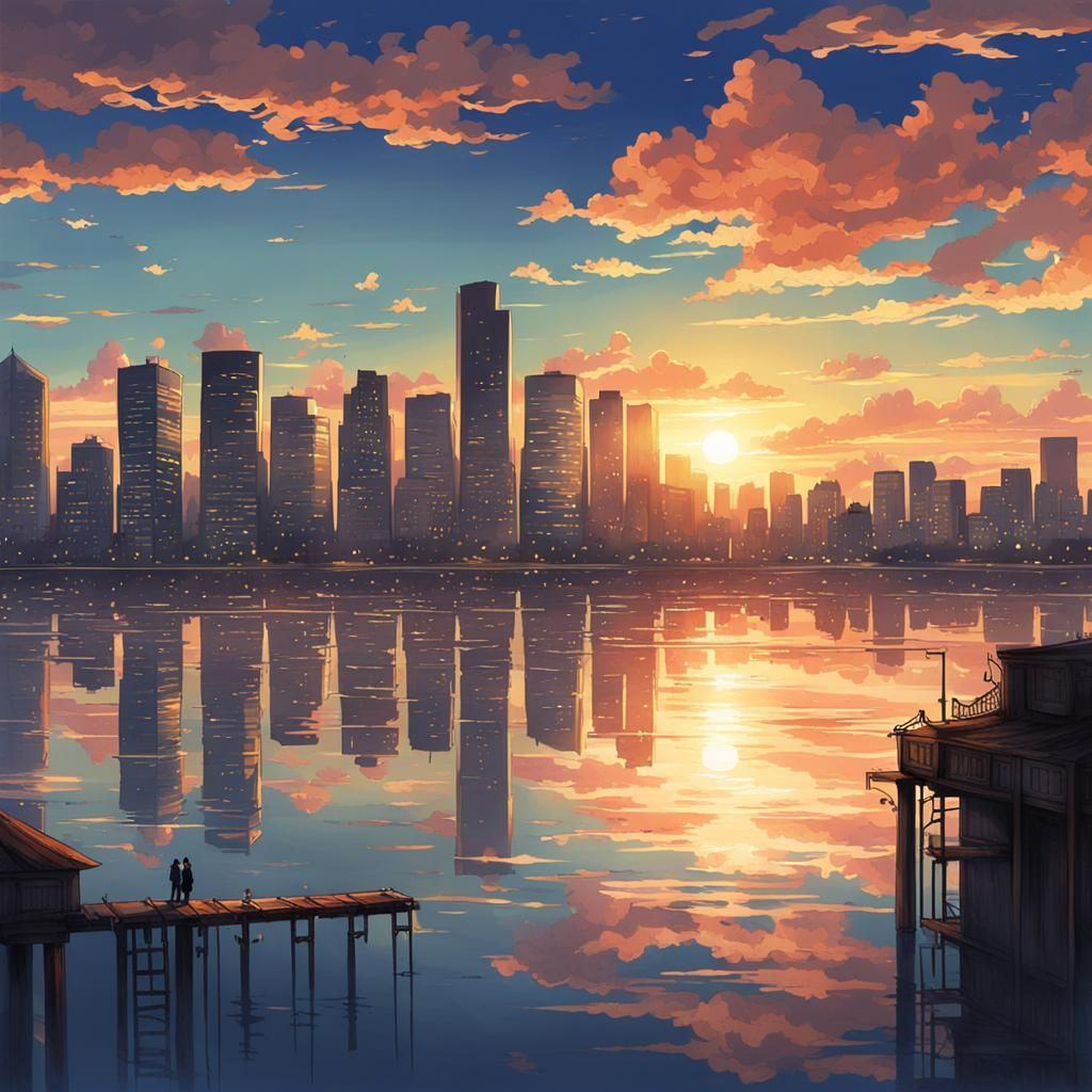 City skyline across the water at sunset