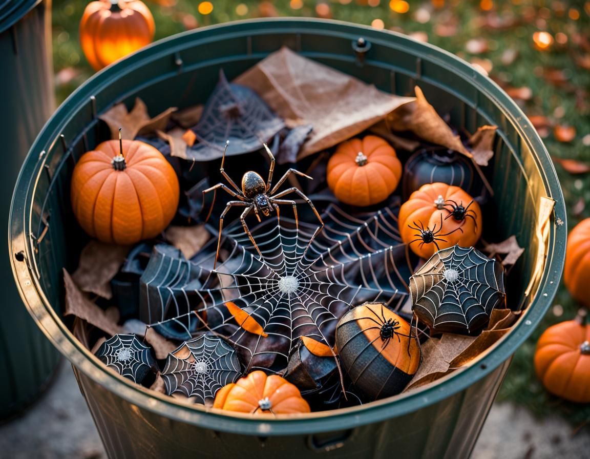 Halloween is over, decorations in a garbage can