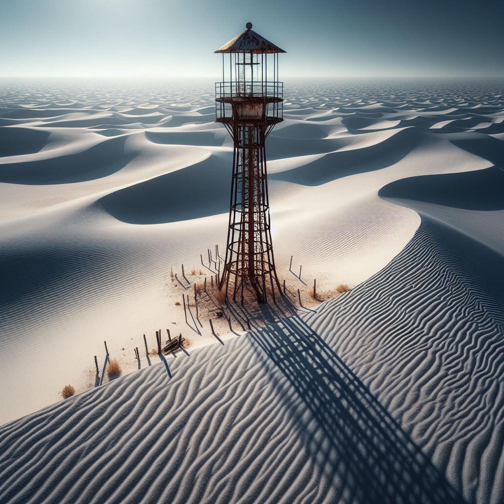 Post-apocalyptic gypsum desert,  abandoned light tower