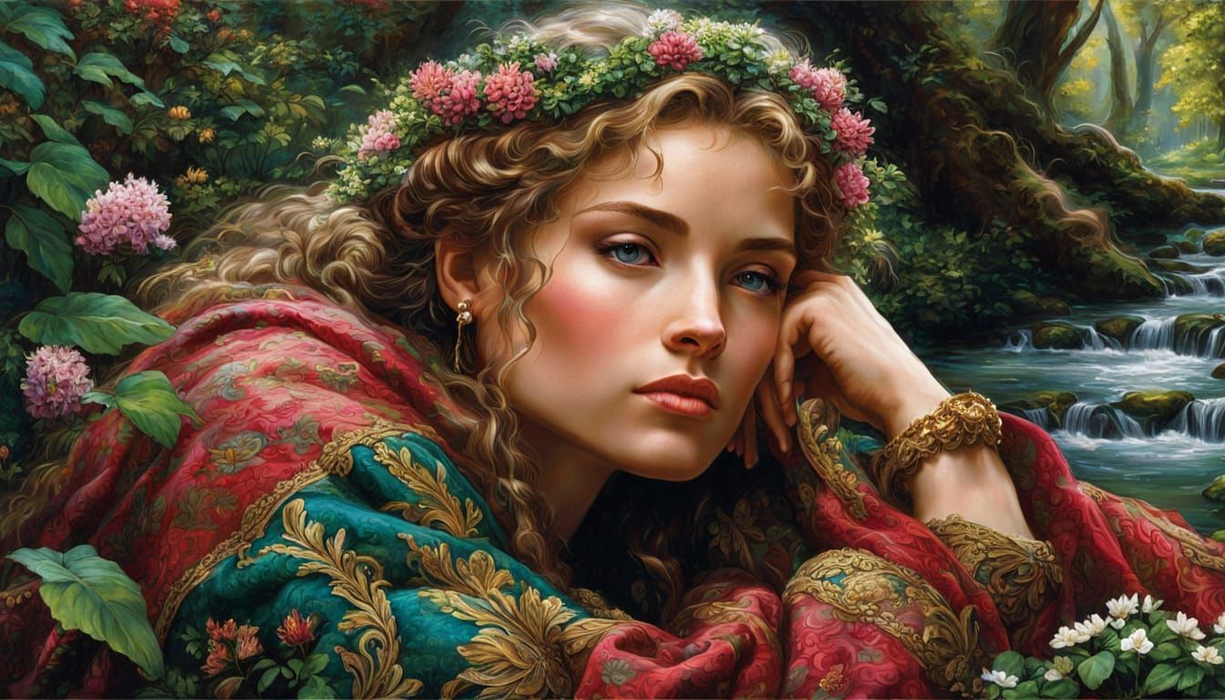 close view, tightly croped, face, A woman in an ornate, medieval-style robe, deep in thought she looks past you as she rests her chin on her...