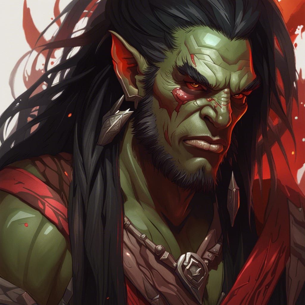 Red skin, long black hair, male Orc Druid, dnd portrait - AI Generated ...