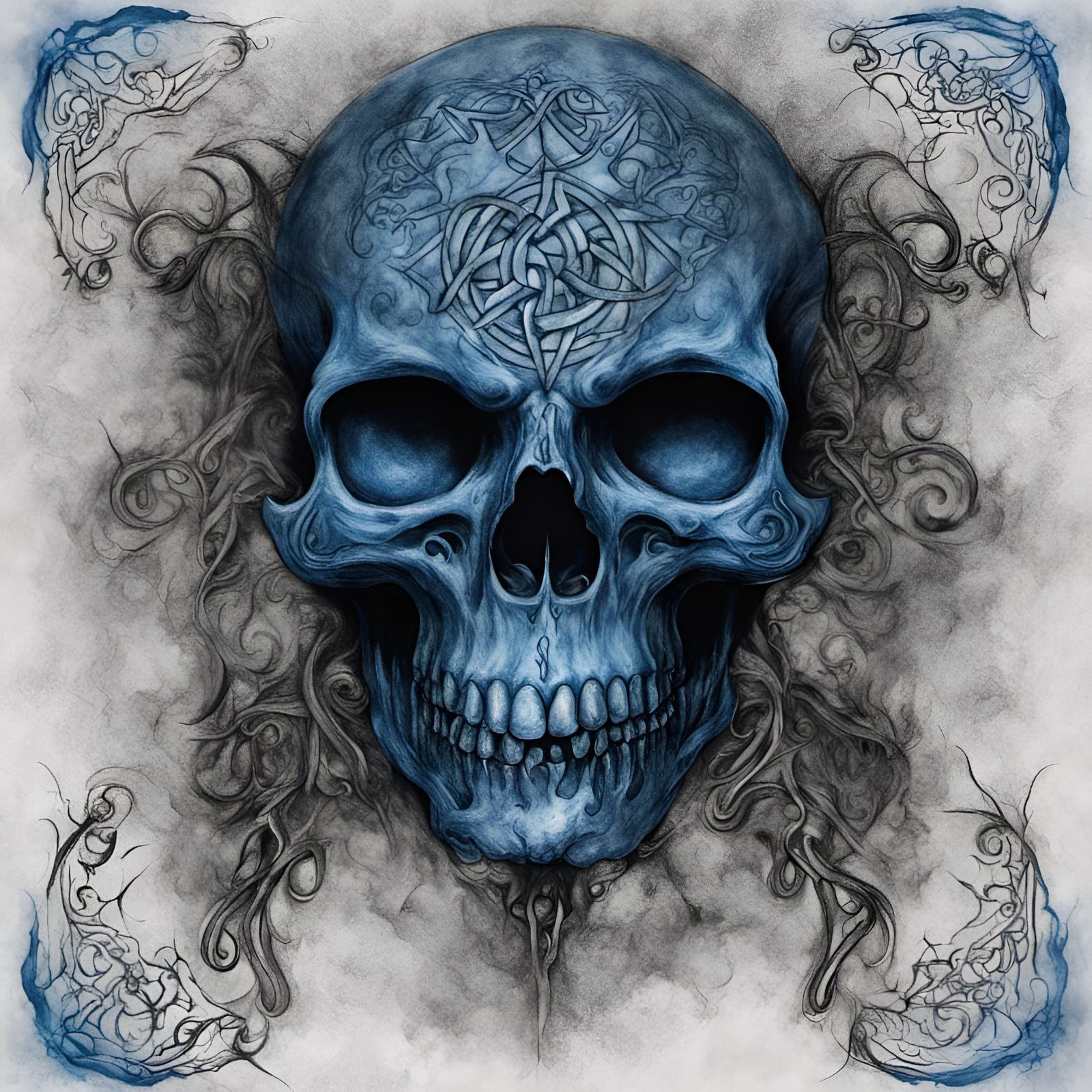 Satan Skull in Mystic blue and black mist,celtic patterns ne...