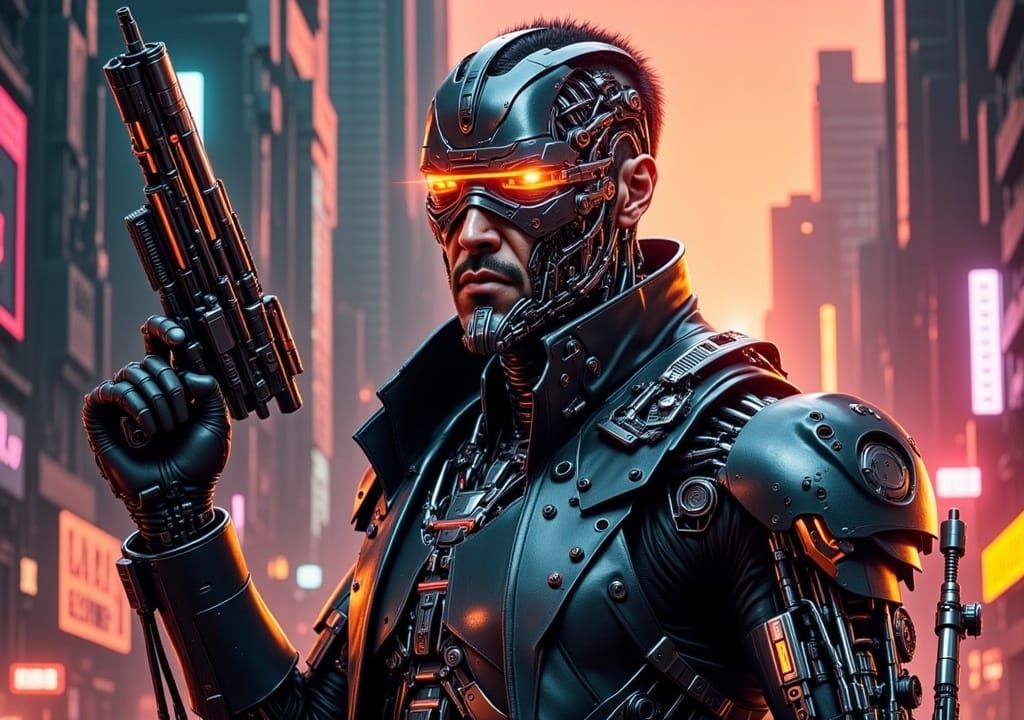 Terminator cinematography style Cyborg man bounty hunter in Los Angeles, cyberneric implants<lora:Cyborgs Flux:1.0> 