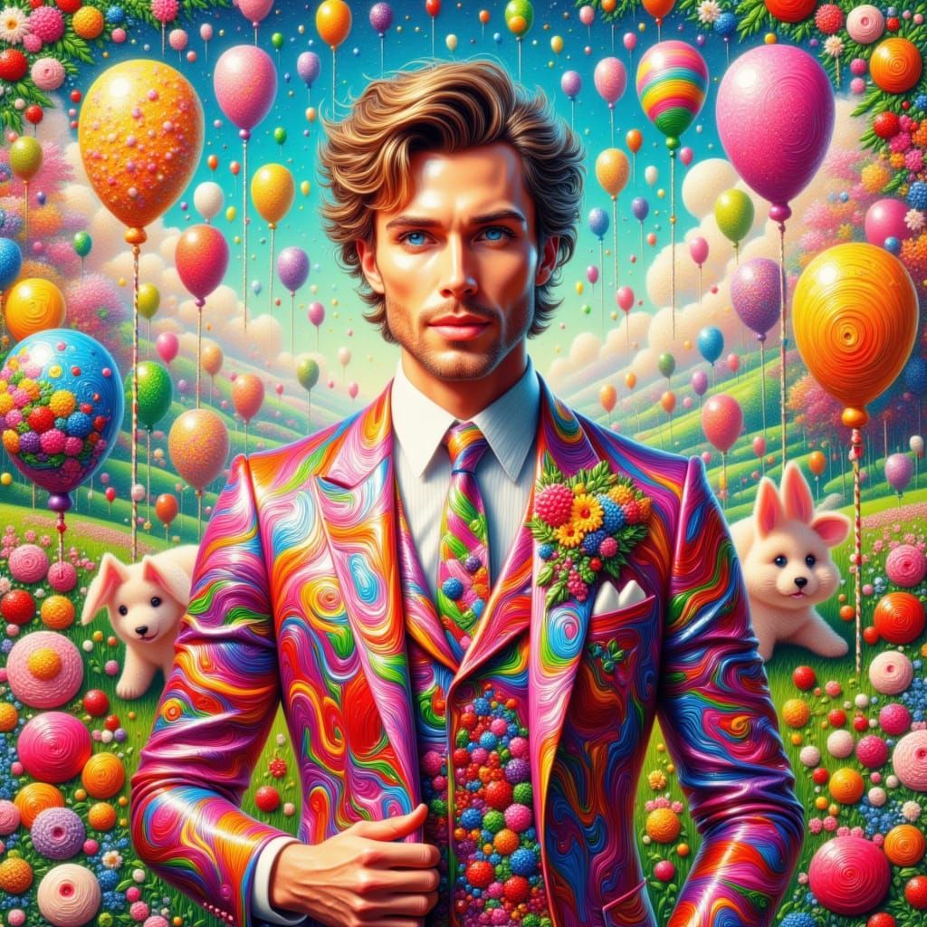 <lora:kak-colorful Impasto:1.0> Colorful handsome man in a suit in a colorful circus