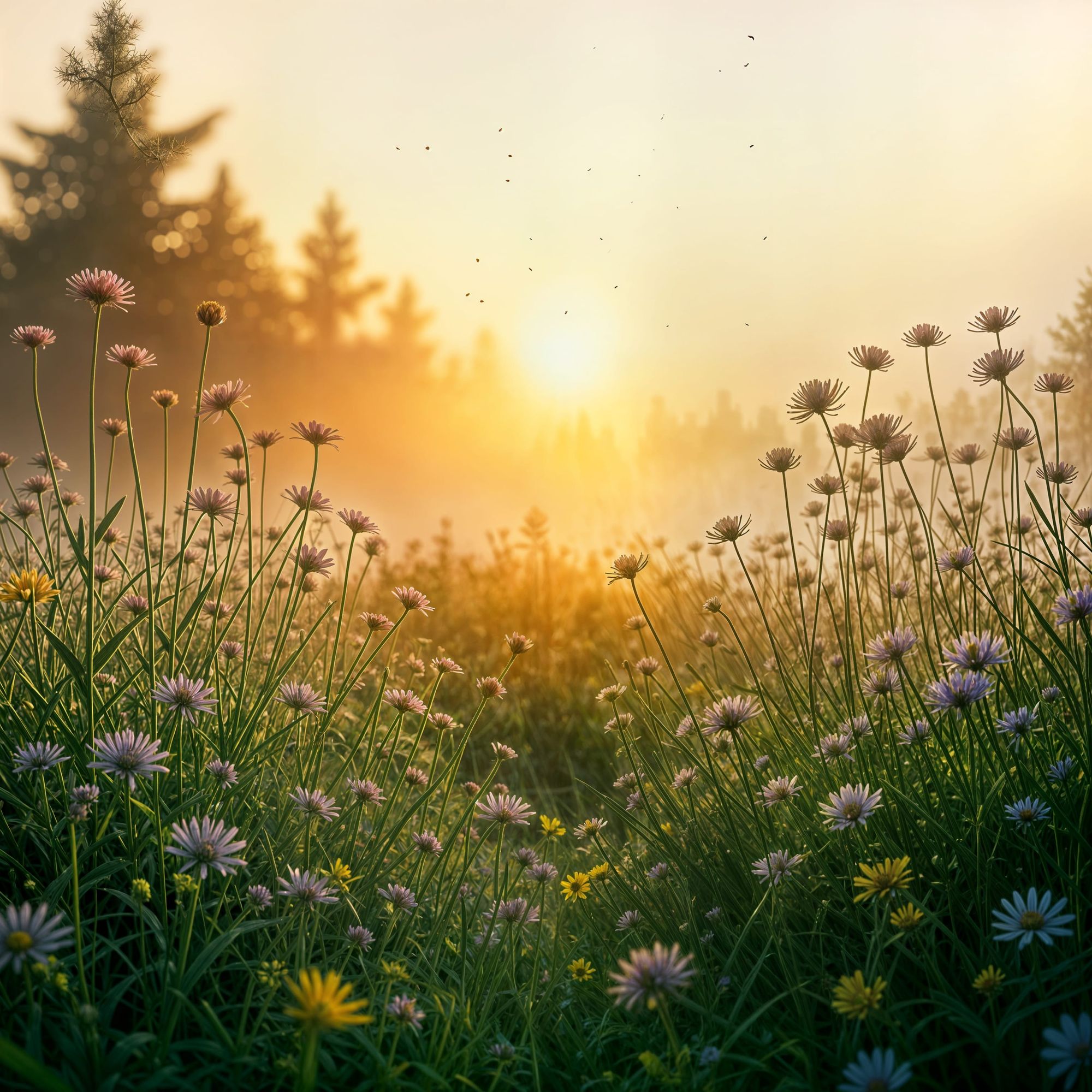 A tranquil meadow where wildflowers sway gently in the morning breeze, bathed in soft sunlight. Show tall grasses or delicate flowers gently...