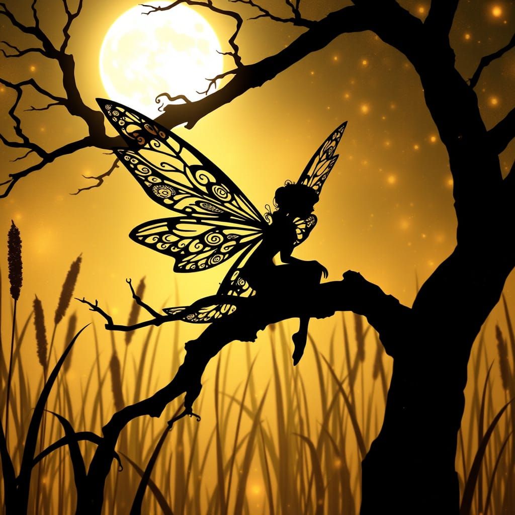 Ethereal Fairy Silhouette in Gnarled Tree Branch