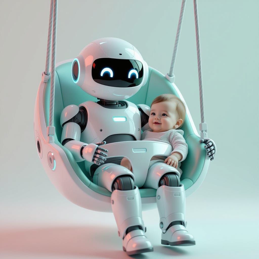 Robot and Toddler in a Swing: Futuristic Art