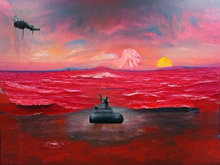 "the background is a red sky with a military vessel on the h...