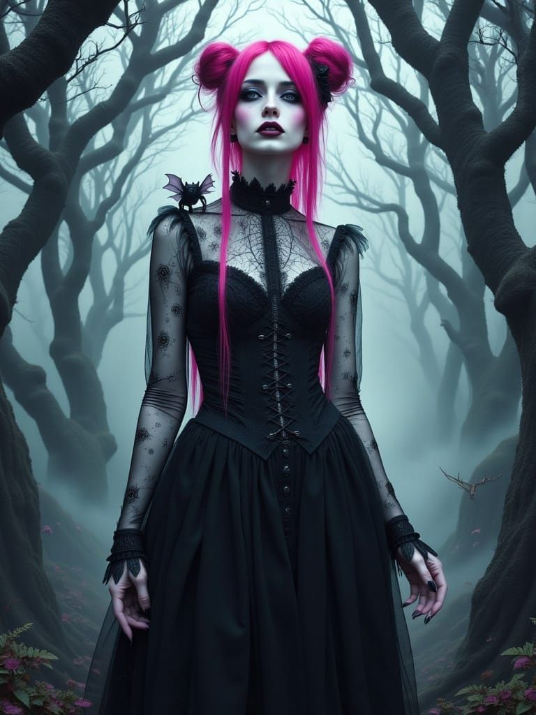 Gothic Pixie Woman in Misty Forest Oil Painting