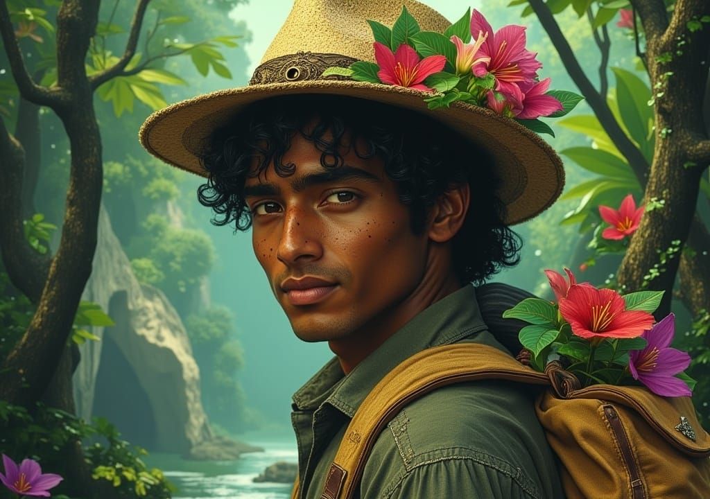 <lora:MisanthropyRemix:1.0> elven man, pointed ears, freckles indian dark skin, coily black hair, brown eyes, smiling, rule of thirds, adven...