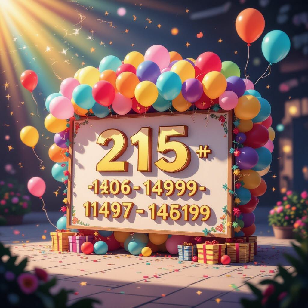 Digital Art Sign Celebrating 215 Followers with Balloons