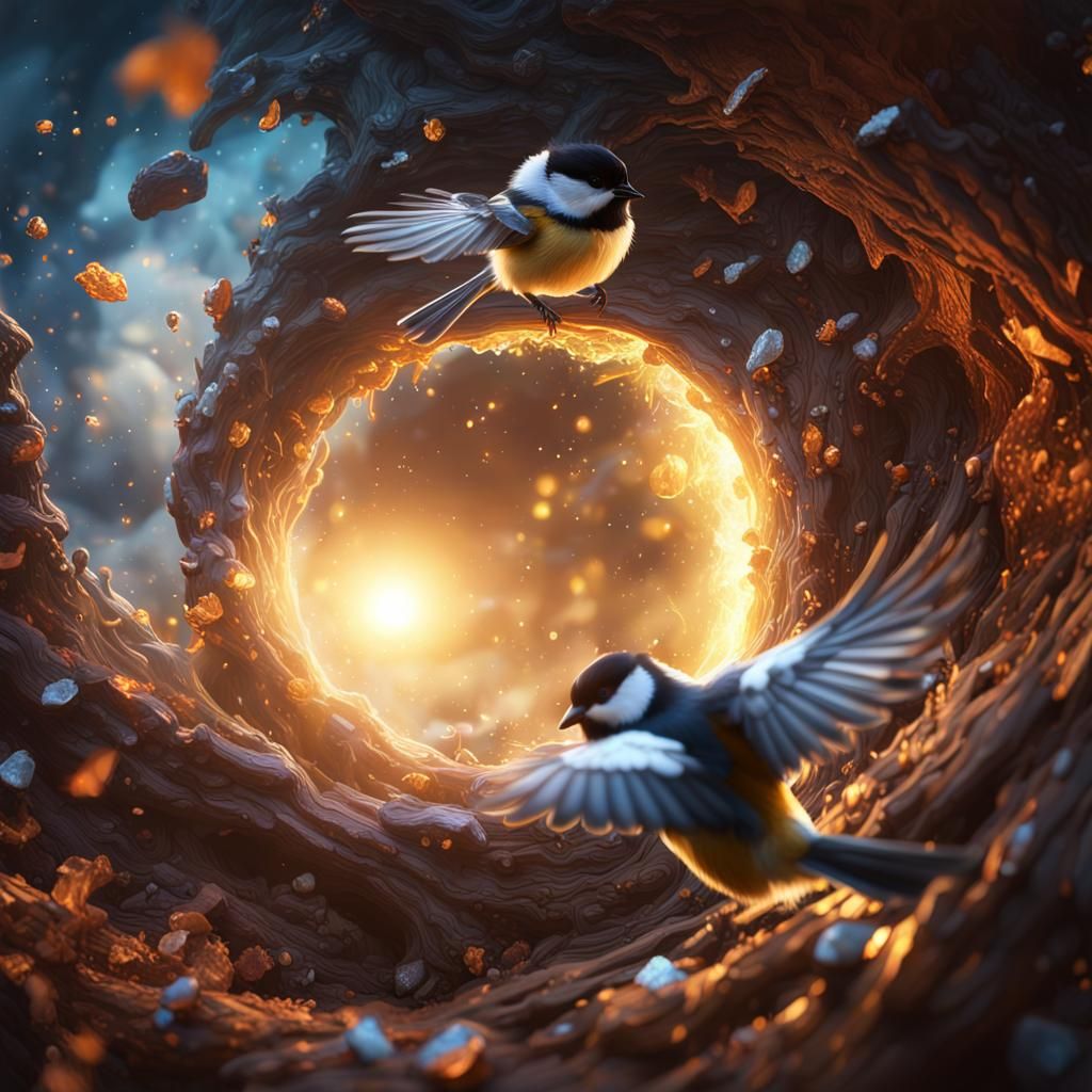 A chickadee flying into another realm portal Hyperrealistic,...