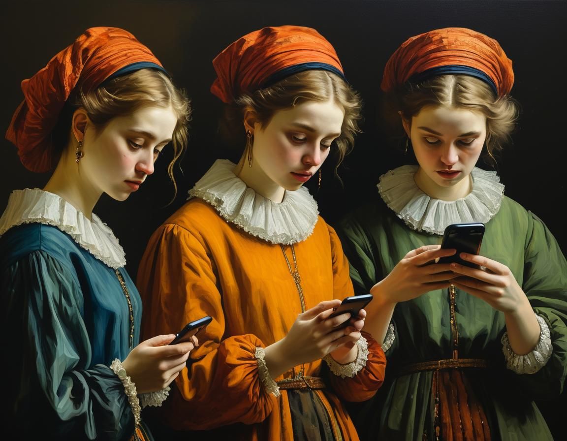 A Rembrandt Painting Of Girls Staring at their Cellphones   by @Rapunzel Bigfoot