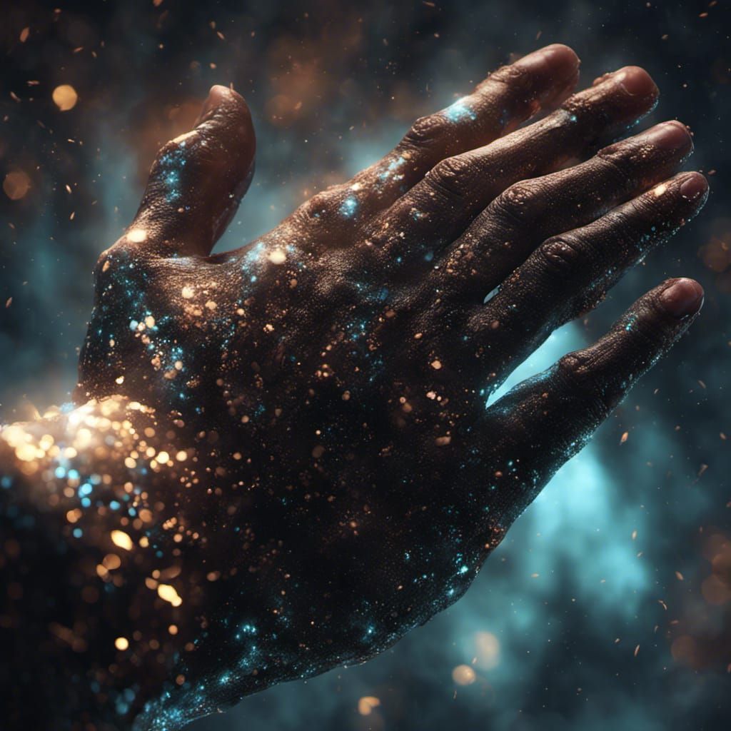 a glitter hand in pitch dark