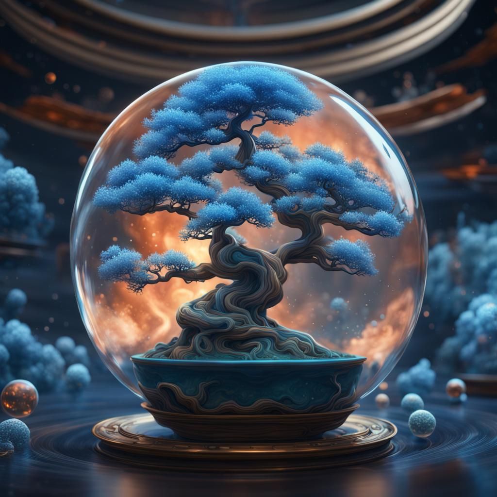 A blue bonsai inside of a bubble, floating in space an intricate and hyperdetailed painting  by @Tasmaniac01