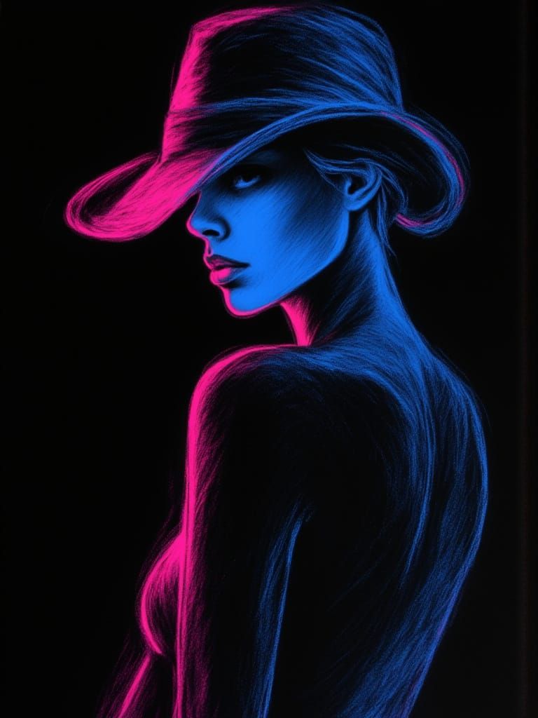 <lora:Neon Charcoal:1.0> Half body length of a female with hat created in neon charcoal,