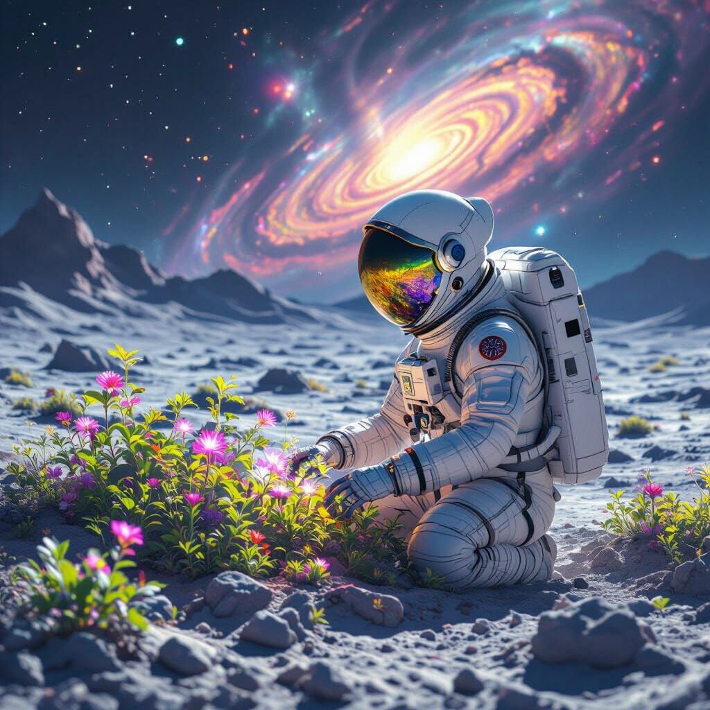 A solitary astronaut tending to a vibrant, bioluminescent garden on a desolate alien moon. The plants ...  by @undefined