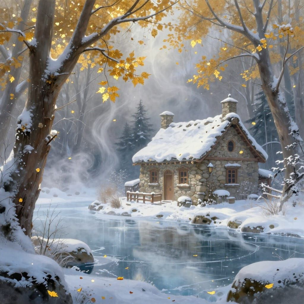 Creation Summary by Vincent 
Enchanted Winter Grove with Golden Leaves and Stone Cottage
This image shows a serene winte...