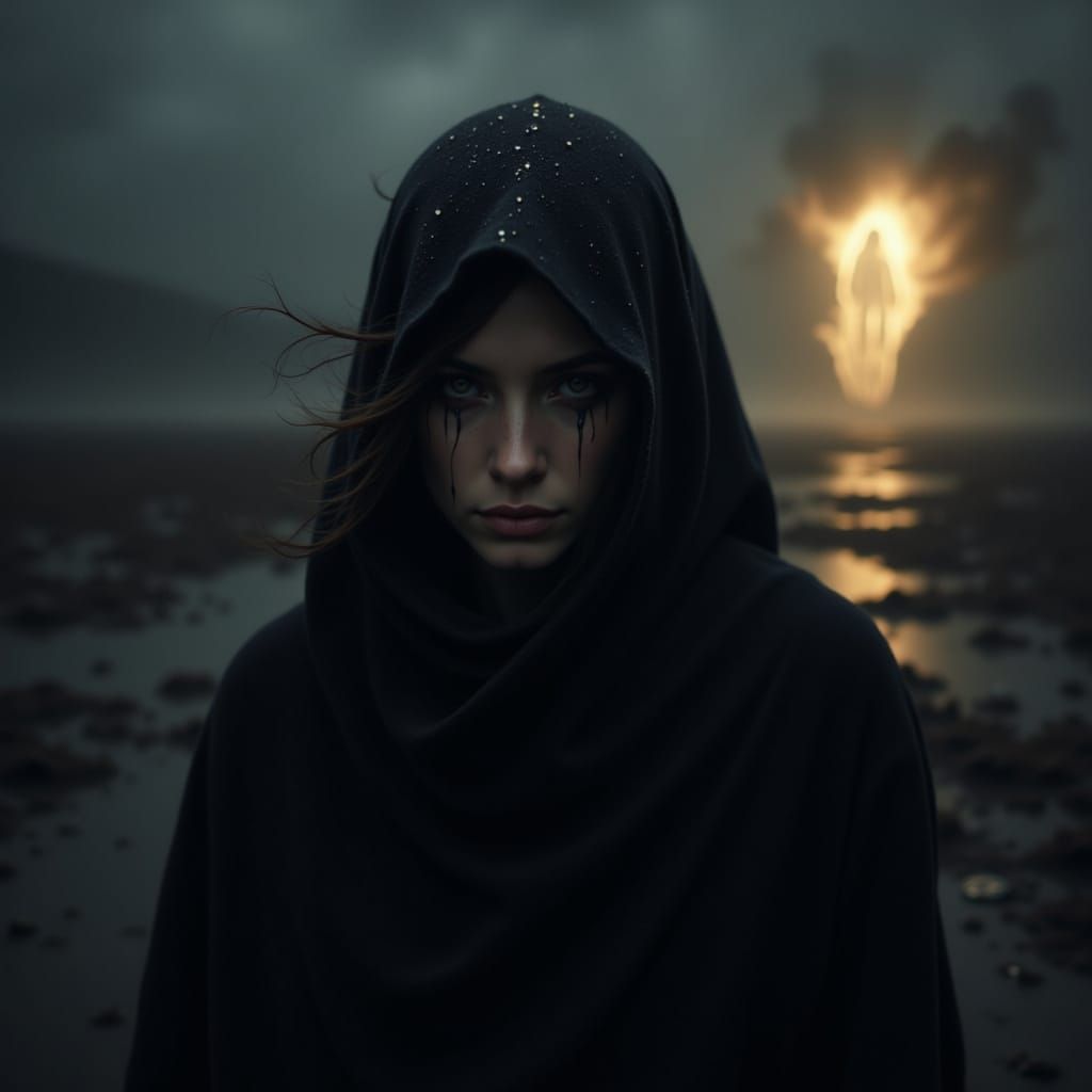 <lora:Beautiful Darkness:1.0> a dark moment in time, tears falling, in the distance a light is glowing