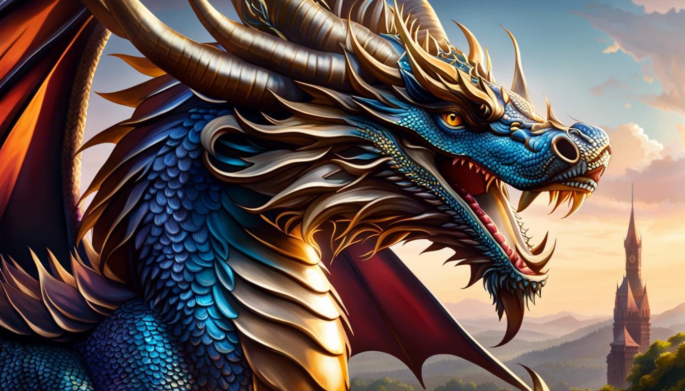 A detailed illustration of the dragon with its shiny scaly s...