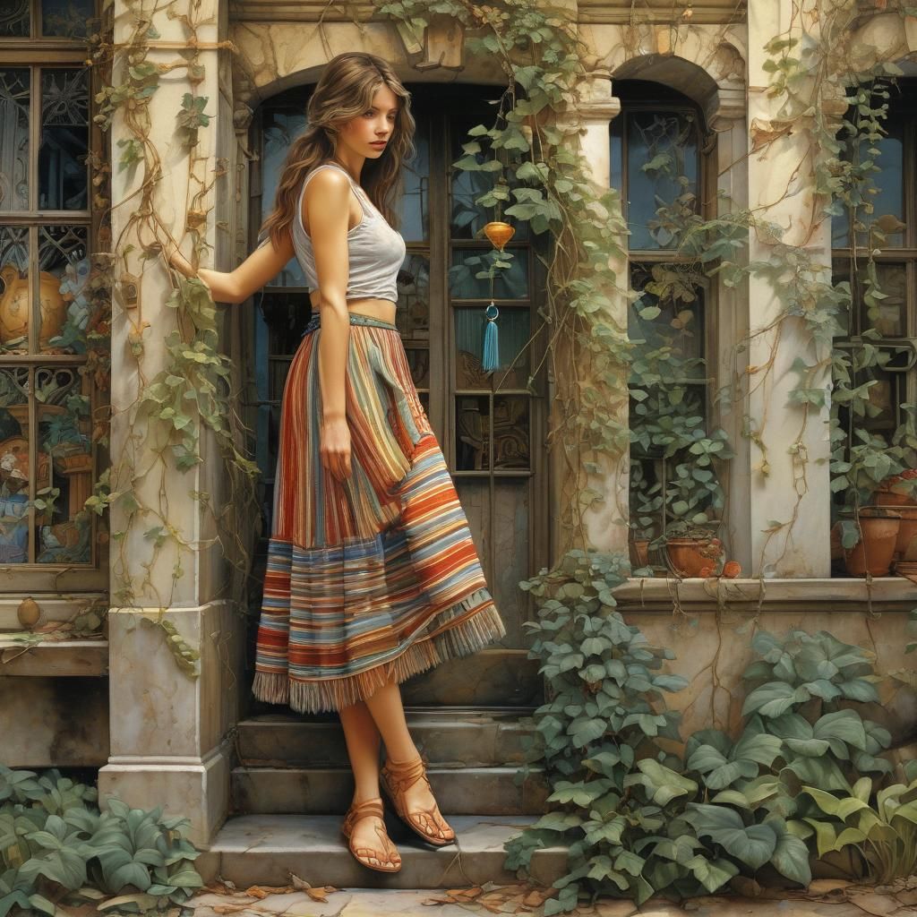 a colorful striped mid length gypsy skirt with tassels, golden sandles, long legs, woman holding on to vines on the side of an old building,...