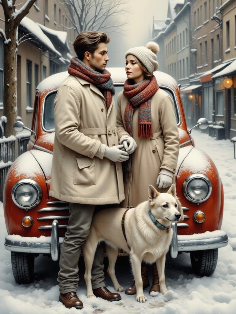 Couple in Winter City with Classic Car