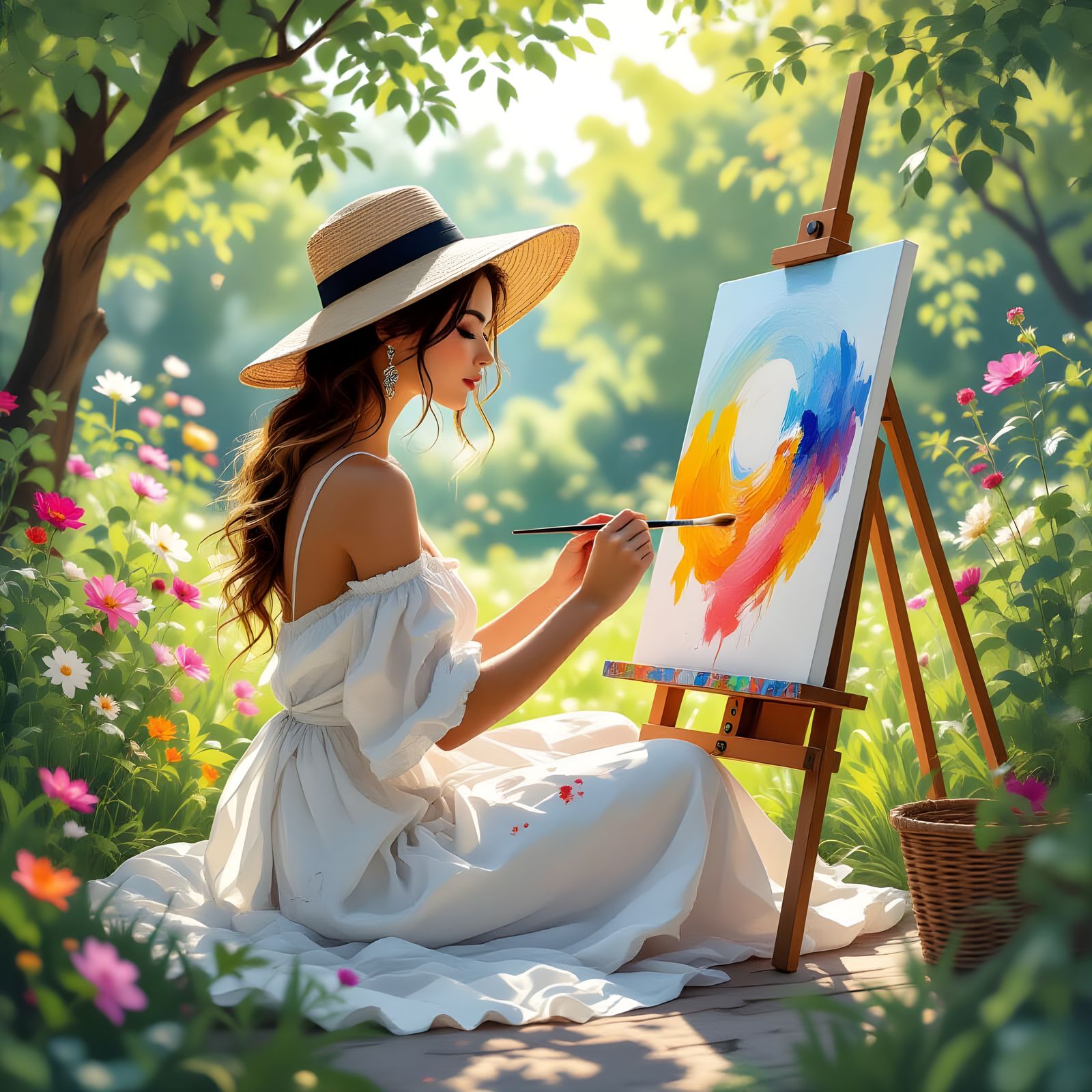 Woman in a white dress, sitting outside in a garden painting...