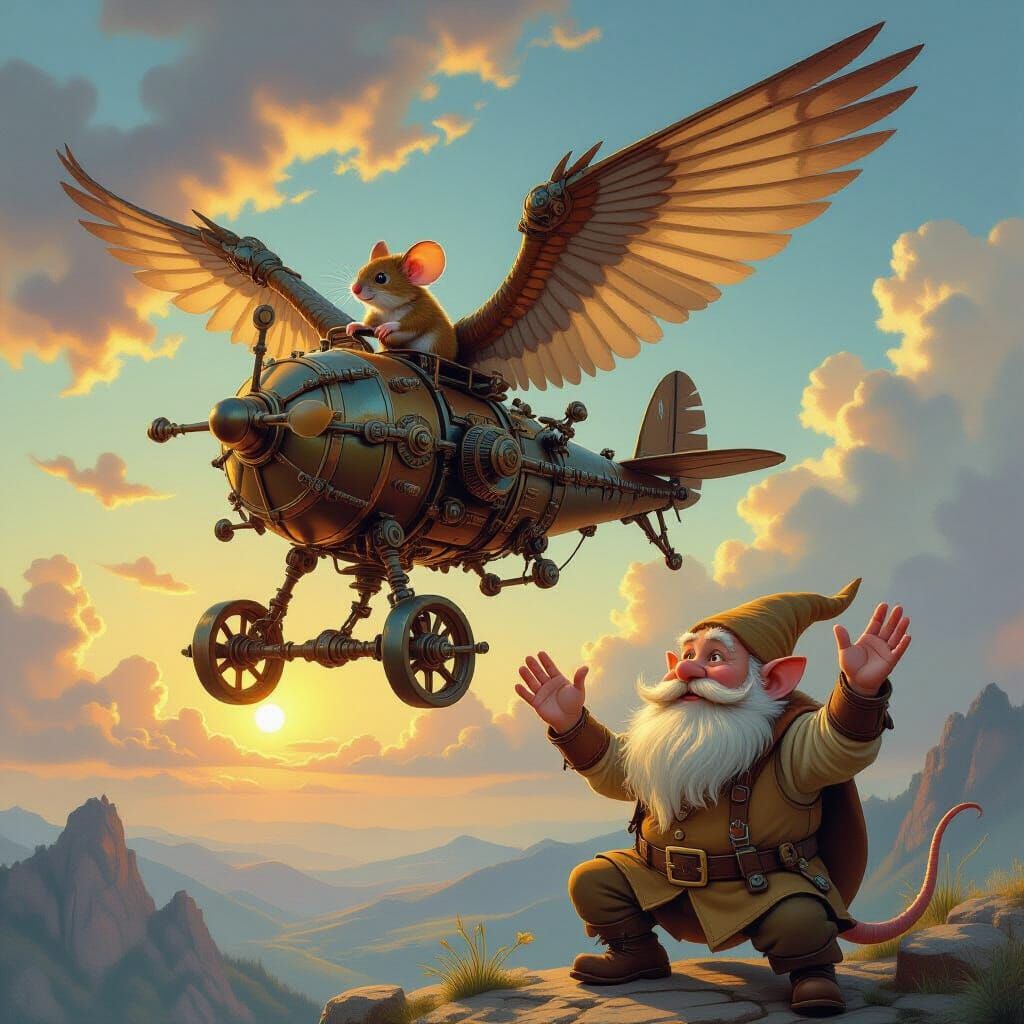 The main focus of the picture is on the creator's contraption that is flying high in the air, the contraption is mechanical in nature. The c...