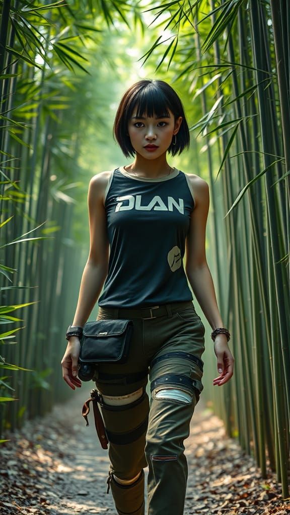 Futuristic Woman in Serene Bamboo Garden