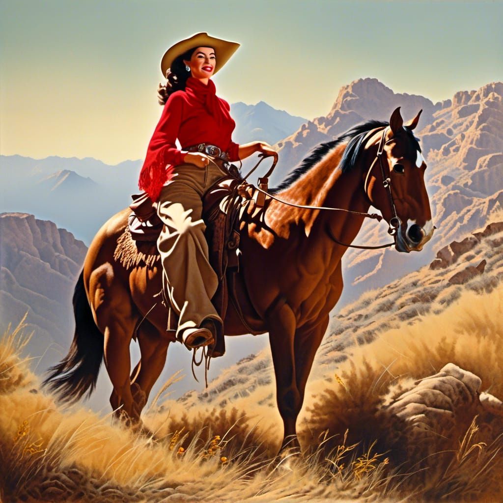 Ava Gardner wearing a tan cowboy hat and red scarf riding a ...