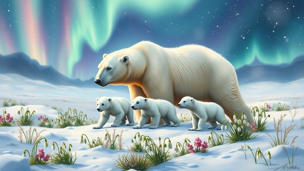 A polar bear and her cubs   by @undefined